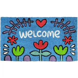 felpudo azul flores welcome