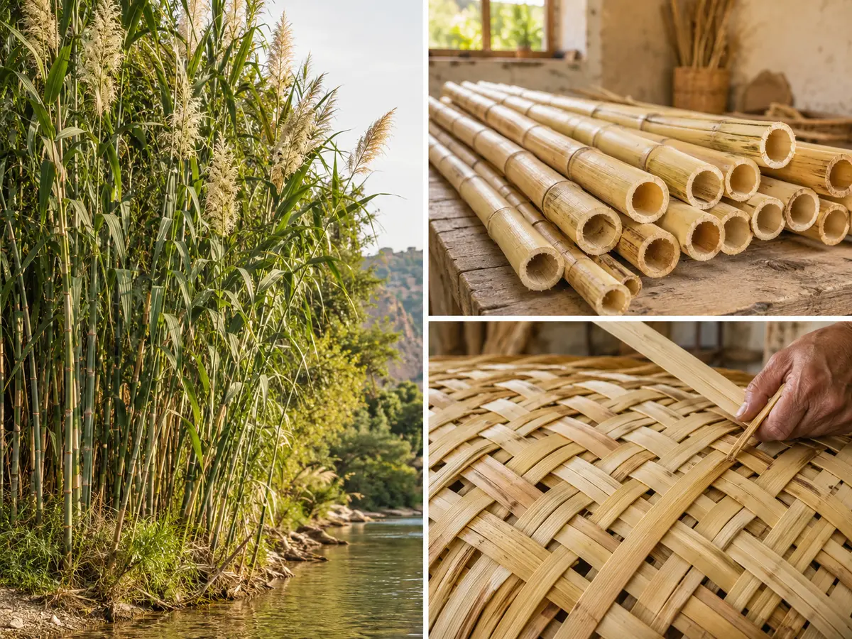Caña común, tallos secos preparados y tejido artesanal de caña