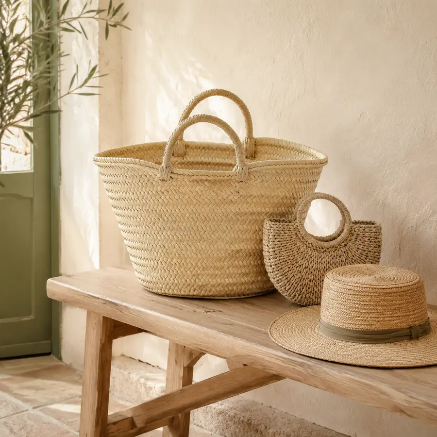 Capazos, bolso y sombrero elaborados con fibras naturales