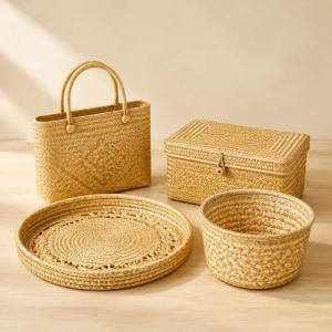 Composición de bolso, caja, bandeja y cesta elaborados con paja trenzada