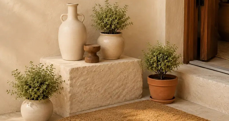 Decoración para el hogar con felpudo, plantas y objetos decorativos