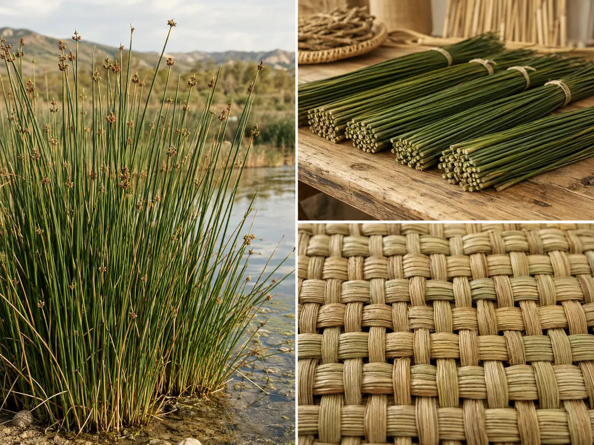 Junco natural, tallos preparados y detalle de tejido artesanal