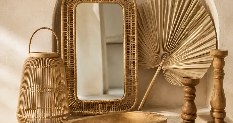 Objetos decorativos para el hogar de madera, ratán y fibras naturales