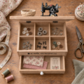 Costurero de madera con cajón y compartimentos.