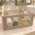 Cesta almacenaje madera con rejilla metálica rectangular clara