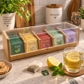 Caja organizadora de infusiones rectangular de bambú con cinco compartimentos y tapa transparente de metacrilato