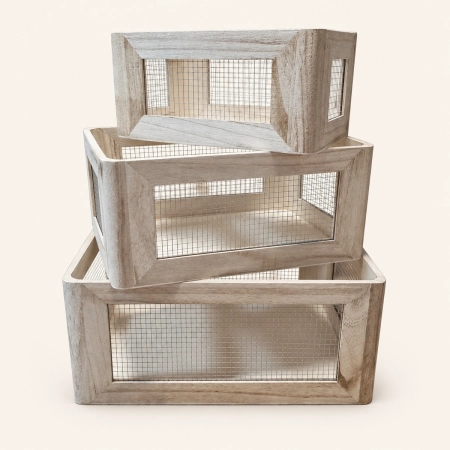 Cesta almacenaje madera con rejilla metálica rectangular clara