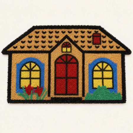 Felpudo forma de casa con diseño colorido en fibra de coco