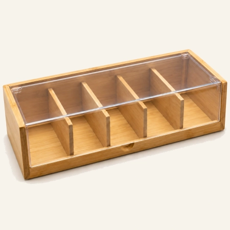 Caja organizadora de infusiones rectangular de bambú con cinco compartimentos y tapa transparente de metacrilato