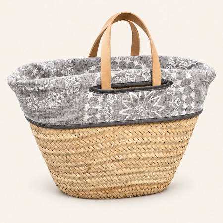 Capazo mediano artesanal de palma con forro floral y asas de cuero