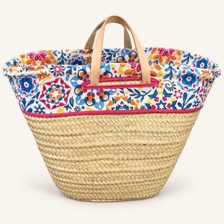 Capazo grande artesanal con forro mandala floral y asas