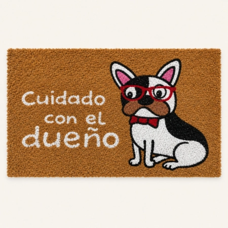 Felpudo Cuidado de fibra de coco con diseño de perro y texto