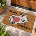 Felpudo rectangular Felpudo Hazme cosquillas de fibra de coco marrón con la ilustración de un gato blanco y rosa boca arriba