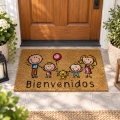 Felpudo Familia Bienvenidos rectangular de fibra de coco con diseño ilustrado y base de goma