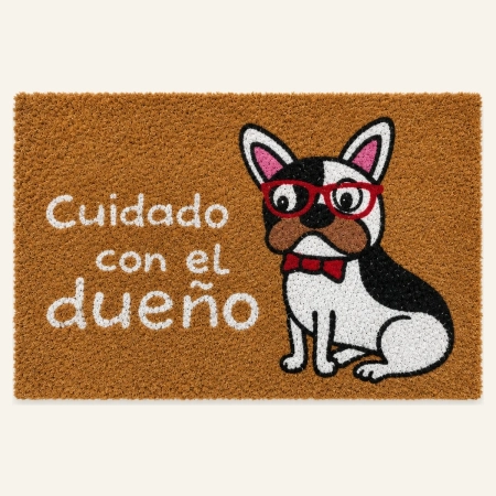 Felpudo Cuidado de fibra de coco con diseño de perro y texto