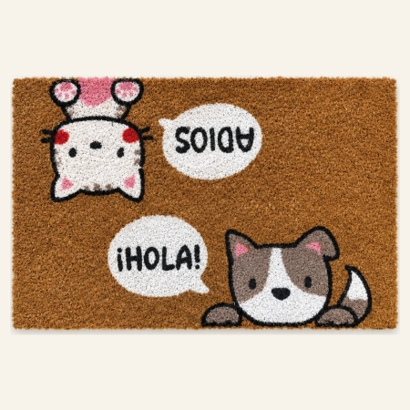 Felpudo Hola Adios Perro rectangular con diseño de animales y bocadillos de texto