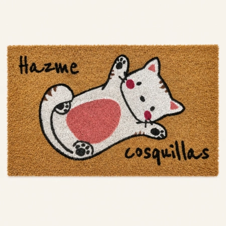 Felpudo rectangular Felpudo Hazme cosquillas de fibra de coco marrón con la ilustración de un gato blanco y rosa boca arriba