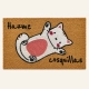 Felpudo rectangular Felpudo Hazme cosquillas de fibra de coco marrón con la ilustración de un gato blanco y rosa boca arriba