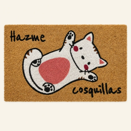 Felpudo rectangular Felpudo Hazme cosquillas de fibra de coco marrón con la ilustración de un gato blanco y rosa boca arriba