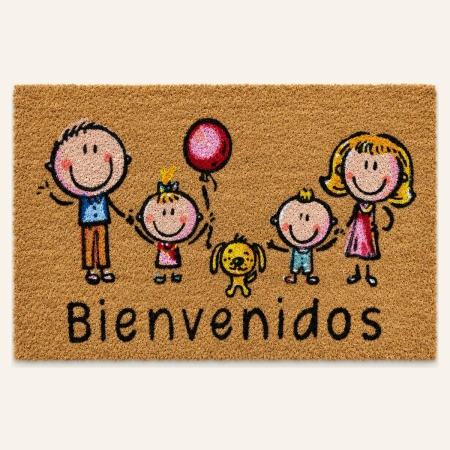 Felpudo Familia Bienvenidos rectangular de fibra de coco con diseño ilustrado y base de goma