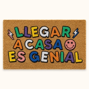 Felpudo Llegar a casa rectangular con texto multicolor y base de goma