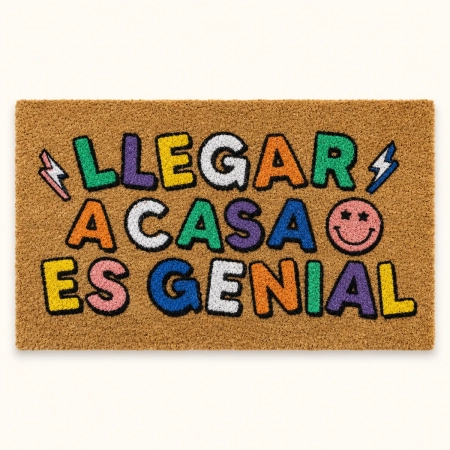 Felpudo Llegar a casa rectangular con texto multicolor y base de goma