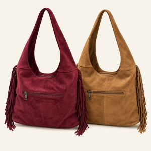 Bolso de hombro efecto ante con flecos en color camel y burdeos