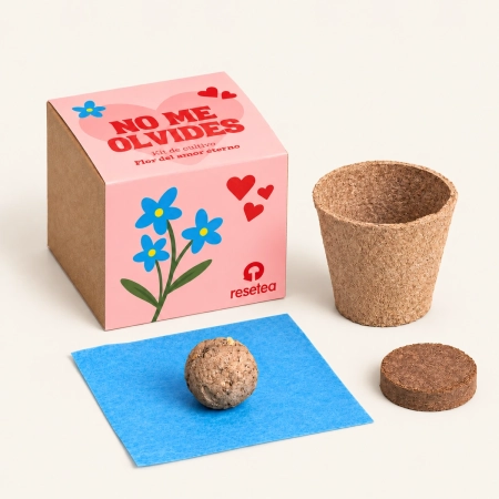 Kit de cultivo con caja rosa, maceta marrón, pastilla de sustrato y bomba de semillas