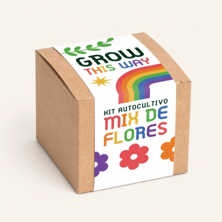Kit Autocultivo Mix de caja cuadrada marrón con faja blanca impresa
